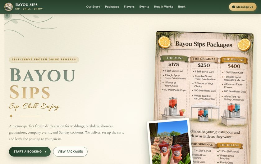 Bayou Sips website — frozen drink machine rentals